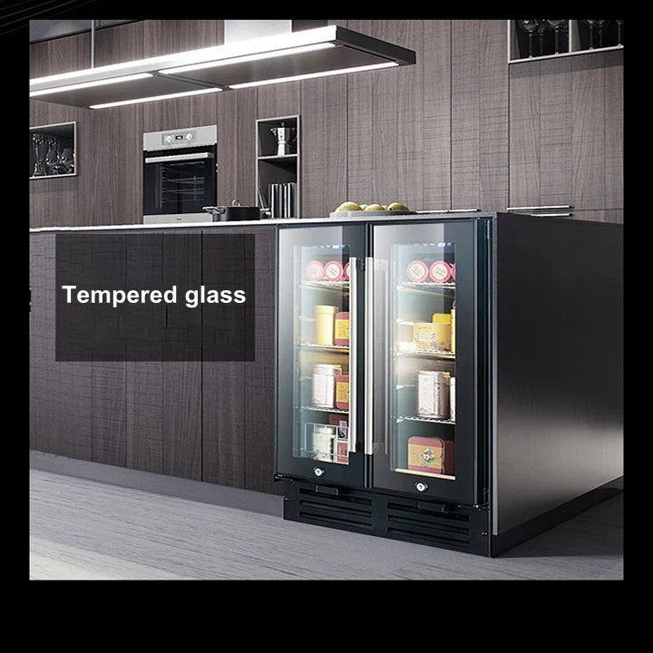 Modern kitchen with a freestanding wine cooler labeled 'Tempered glass'.