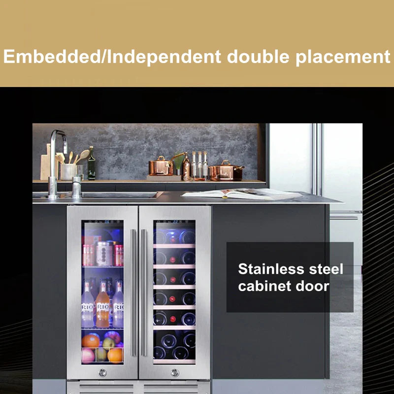 Stainless steel cabinet doors with embedded/independent placement in a kitchen setting.