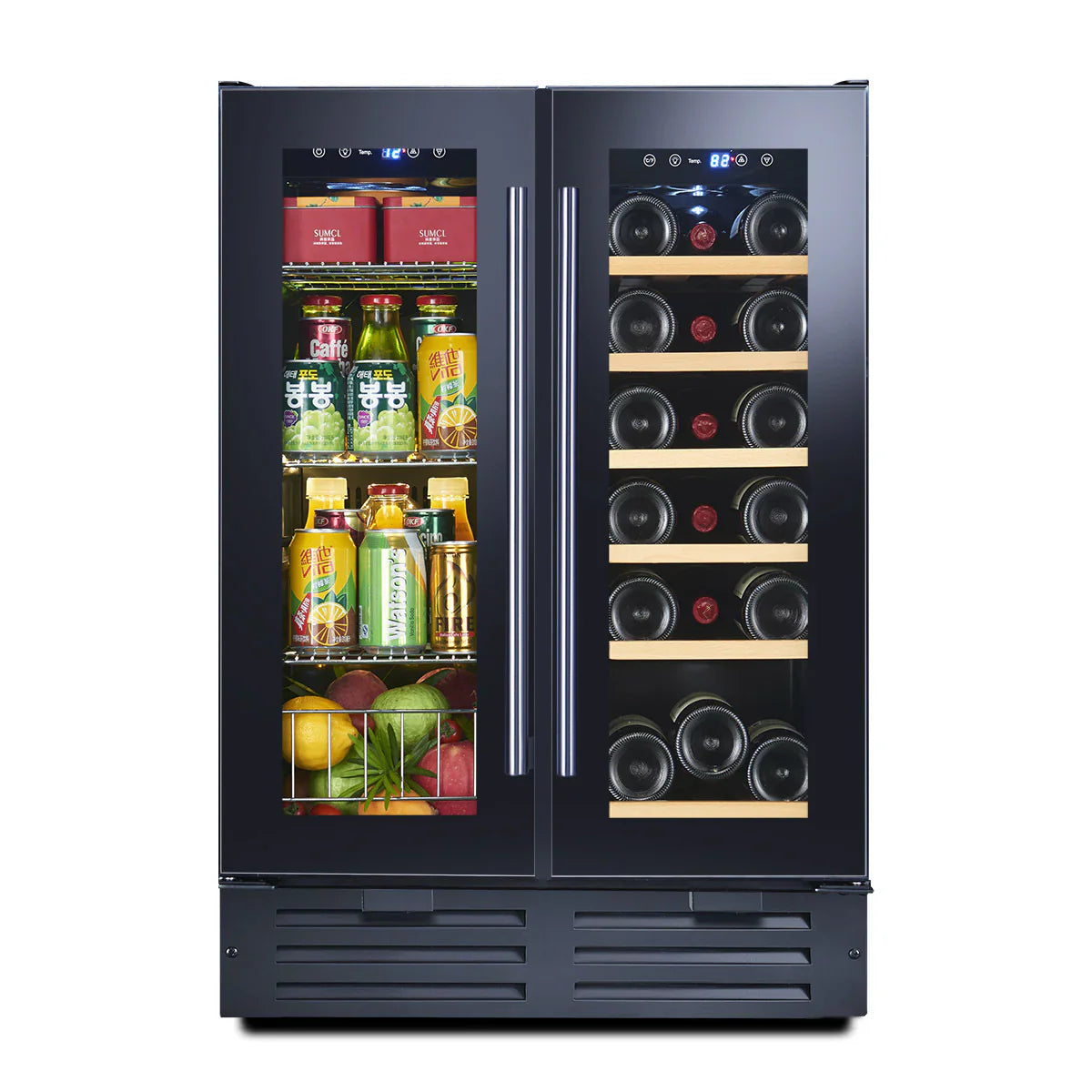 Dual-door refrigerator with wine storage on the right and beverage storage on the left, on a white background.