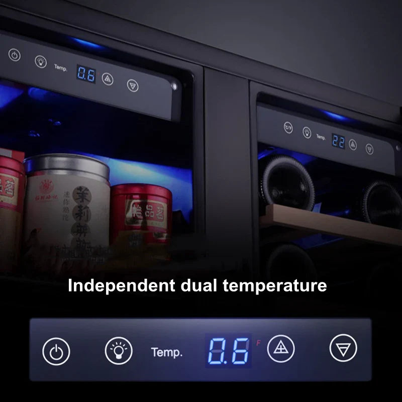 Wine cooler with digital display and temperature control, showing independent dual temperature feature.