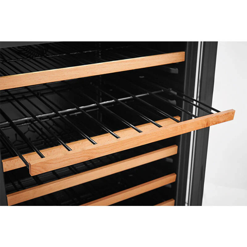 Wine cooler with wooden shelves and black wire racks on a white background