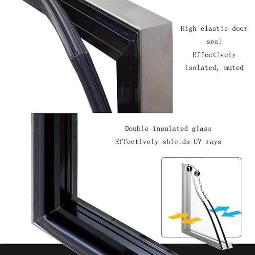 Window frame with high elastic door seal and double insulated glass, featuring text on features.