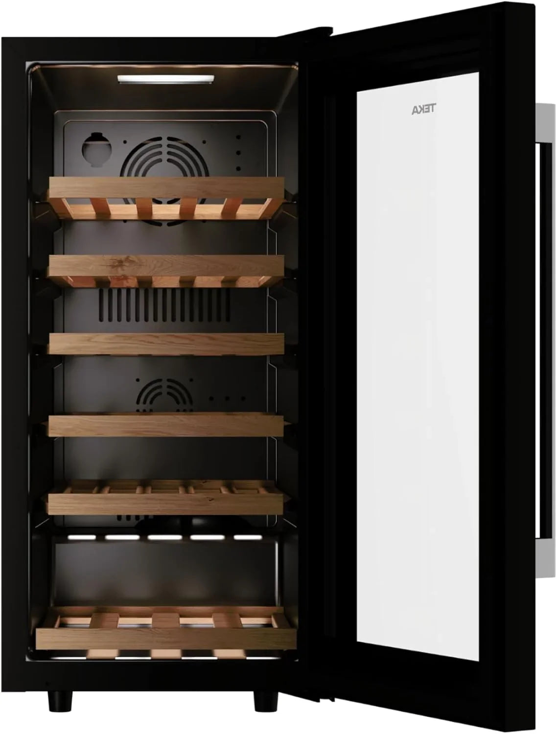 Wine cooler with wooden shelves and black exterior, featuring the brand 'AXENT'.