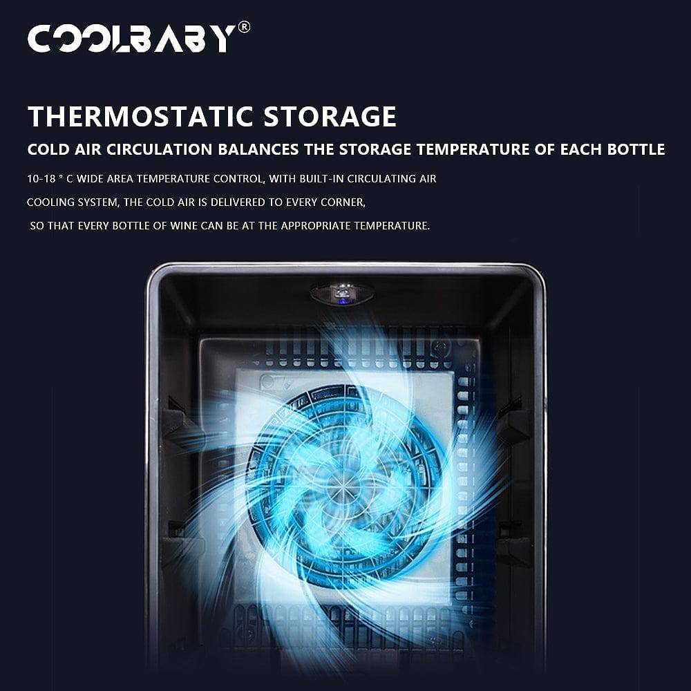 Coolbaby wine cooler with thermosstatic storage technology on a black background