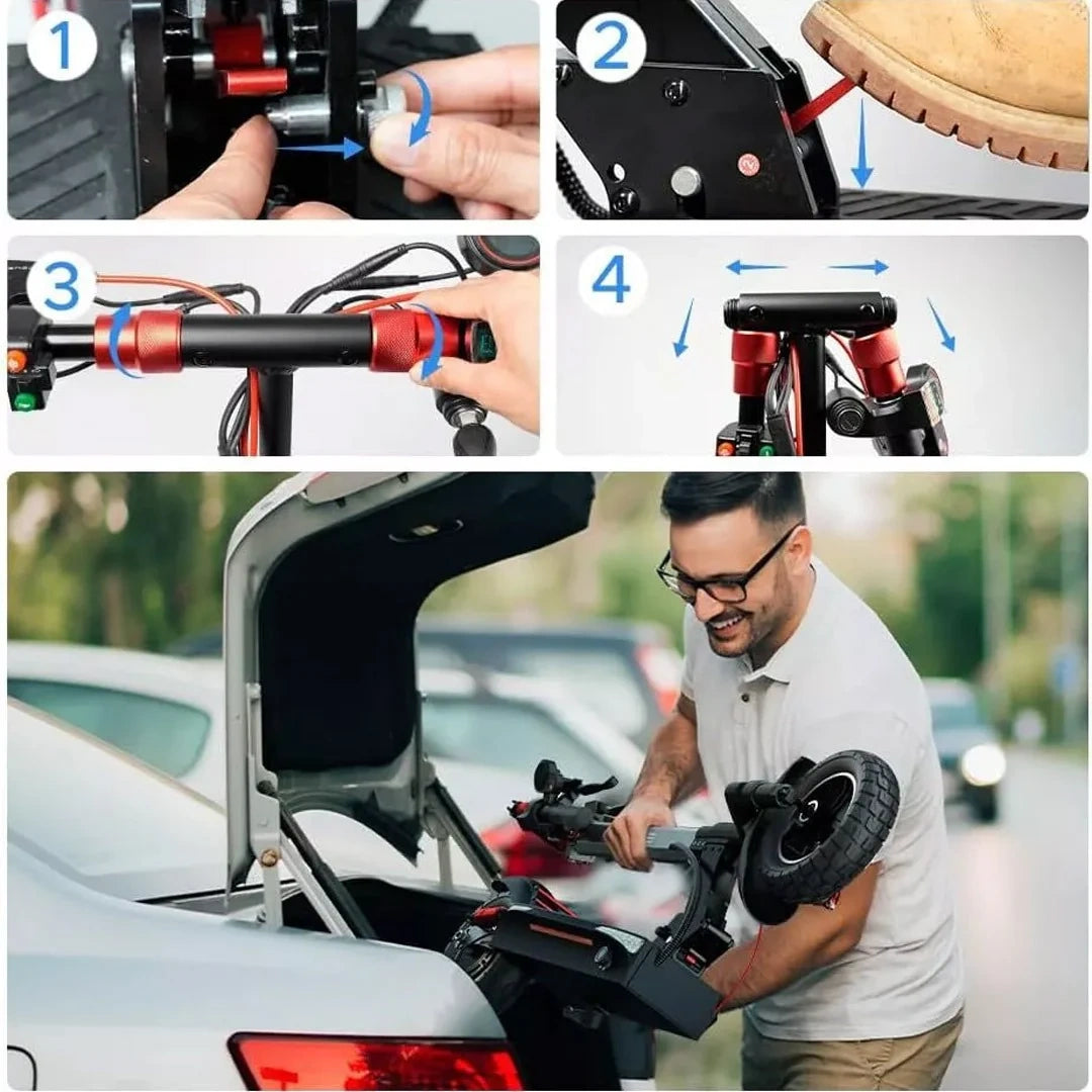 Step-by-step guide on how to install a bike rack on a car, with close-up shots of hands performing tasks and a person using the bike rack.