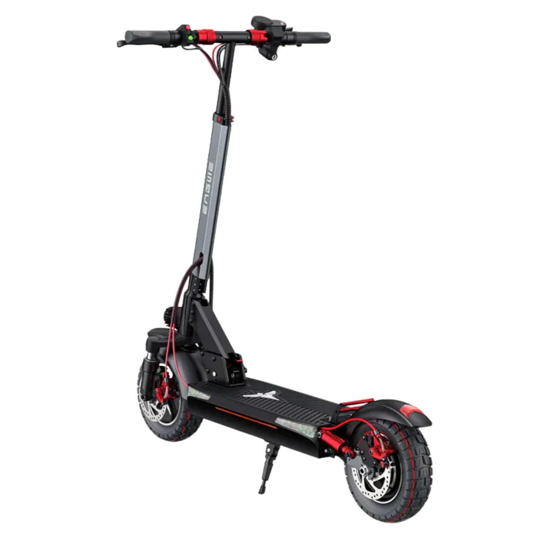 Black electric scooter with red accents on a white background