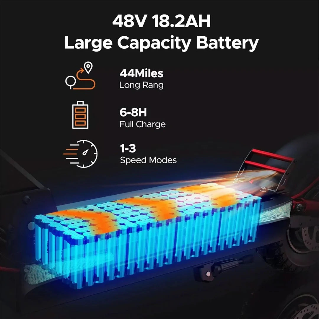 48V 18.2AH large capacity battery with specifications on a dark background