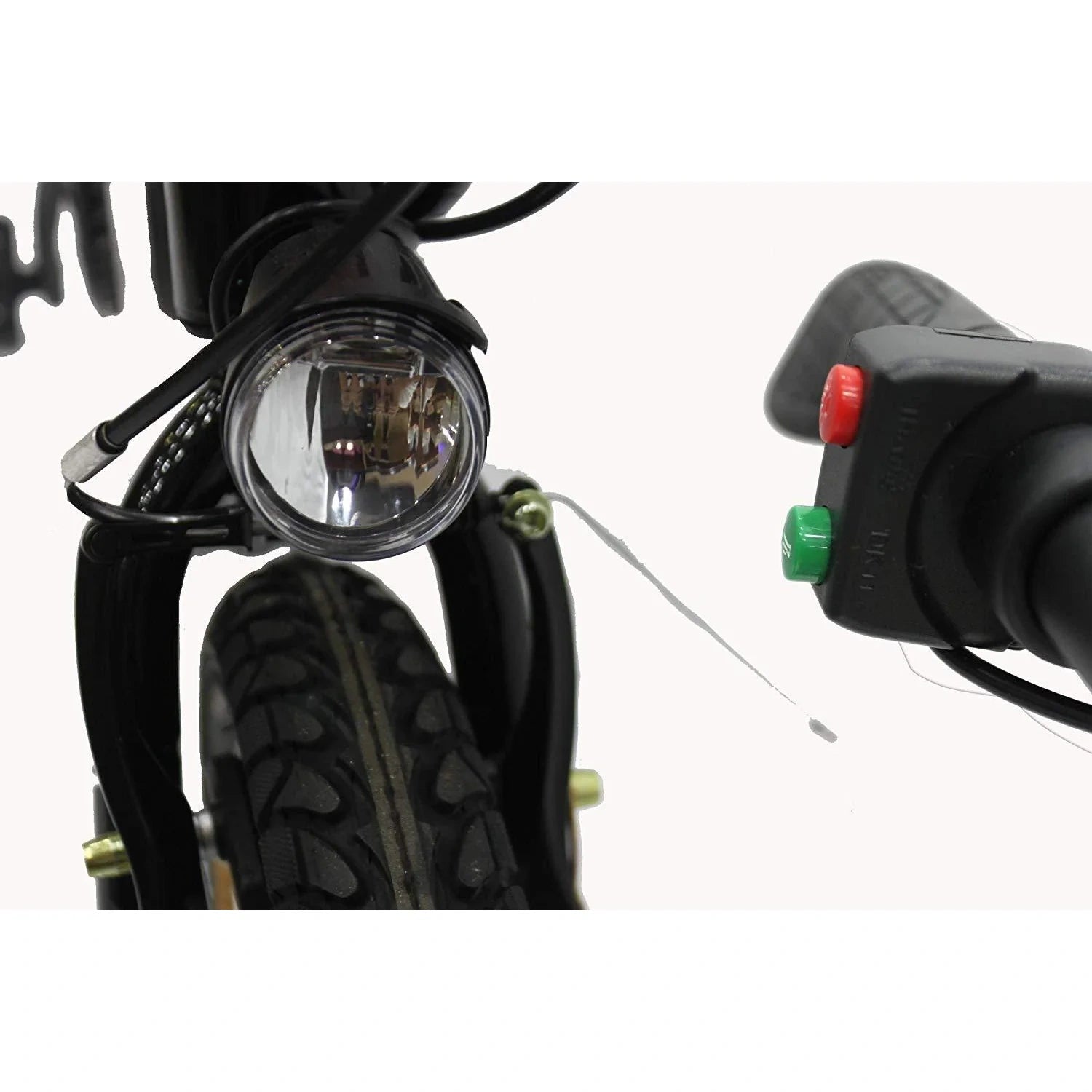 Close-up of a motorcycle handlebar with a headlight and control buttons on a white background
