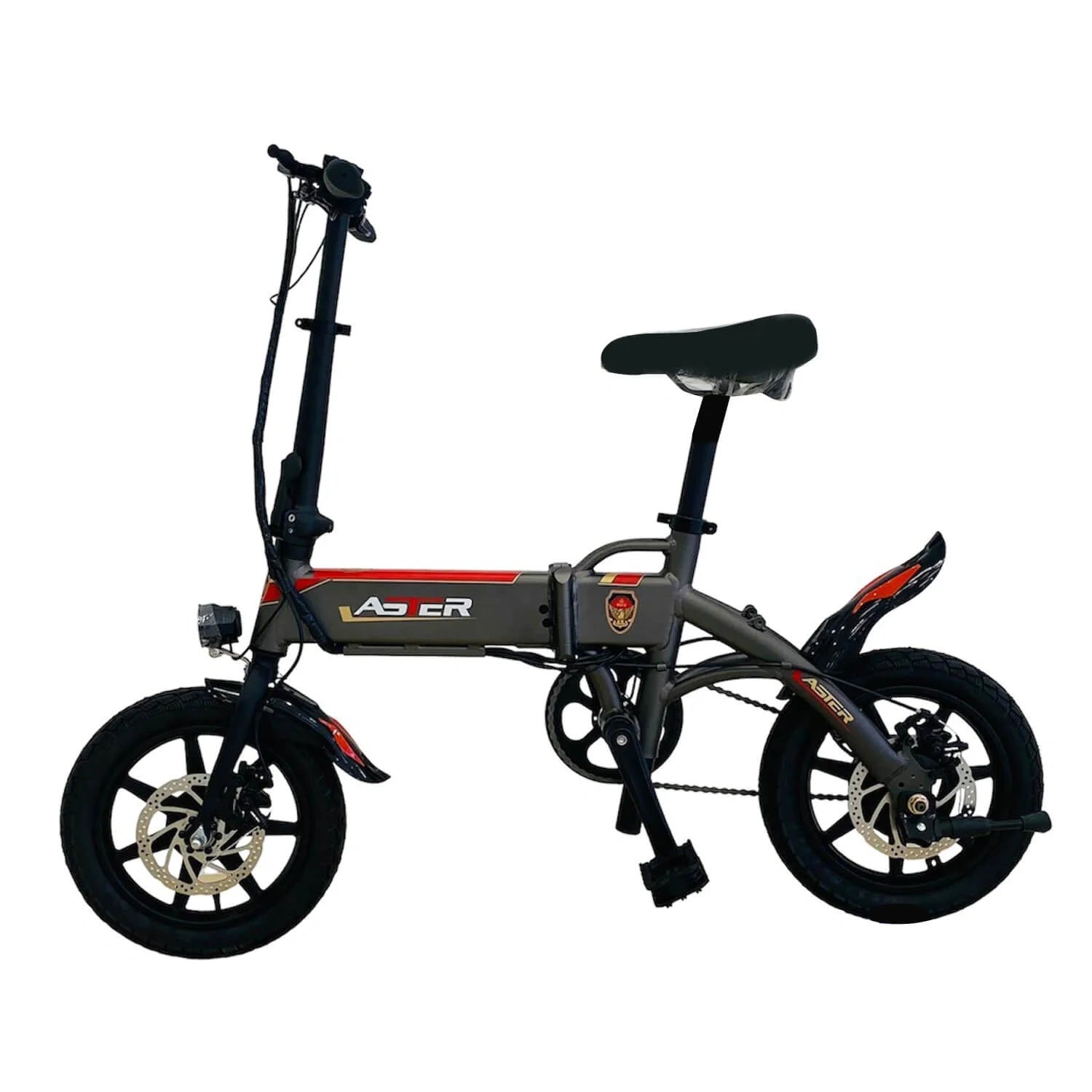 Black folding electric bike with 'Laser' branding on a white background