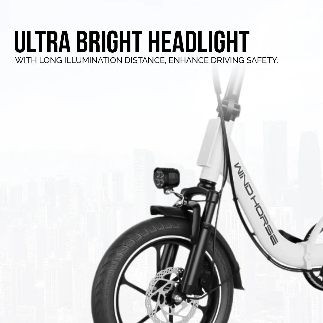 White electric bike with ultra bright headlights on a white background