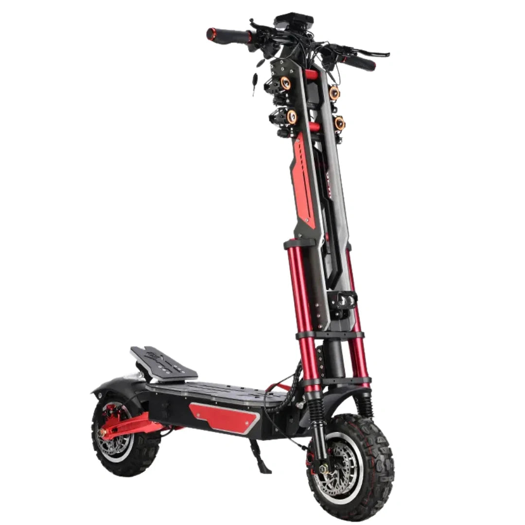 Red and black electric scooter on a white background