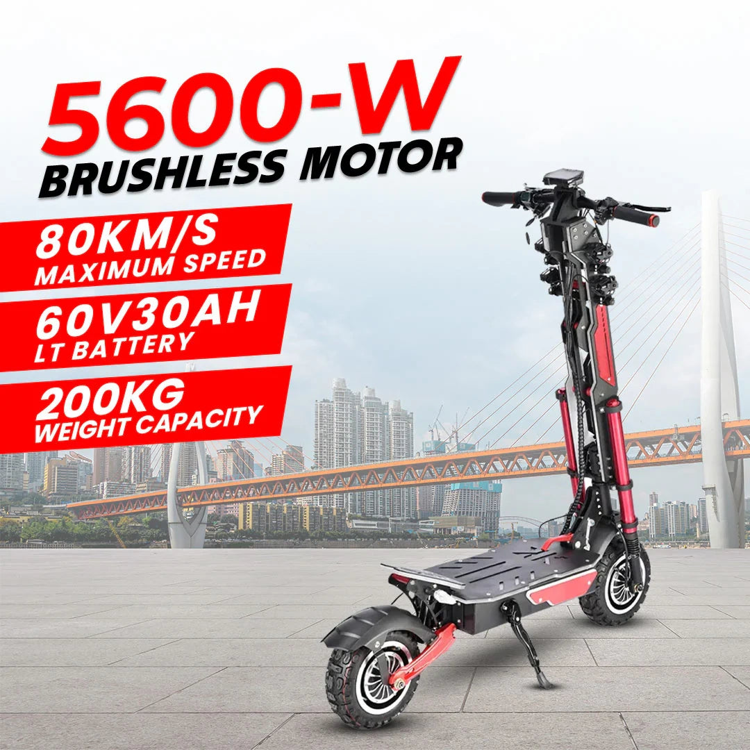 Electric scooter with specifications on a cityscape background