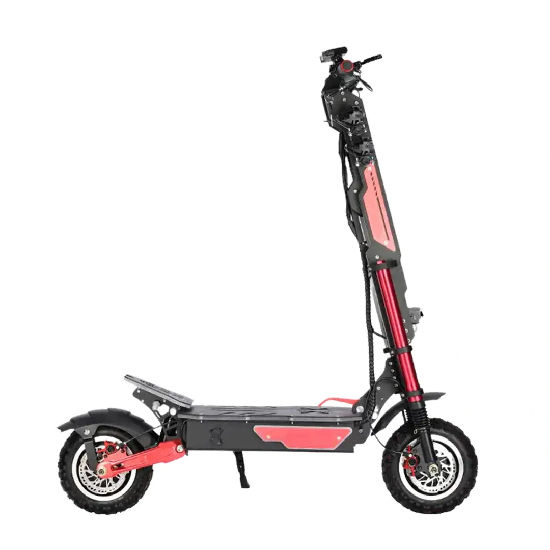 Red and black electric scooter on a white background