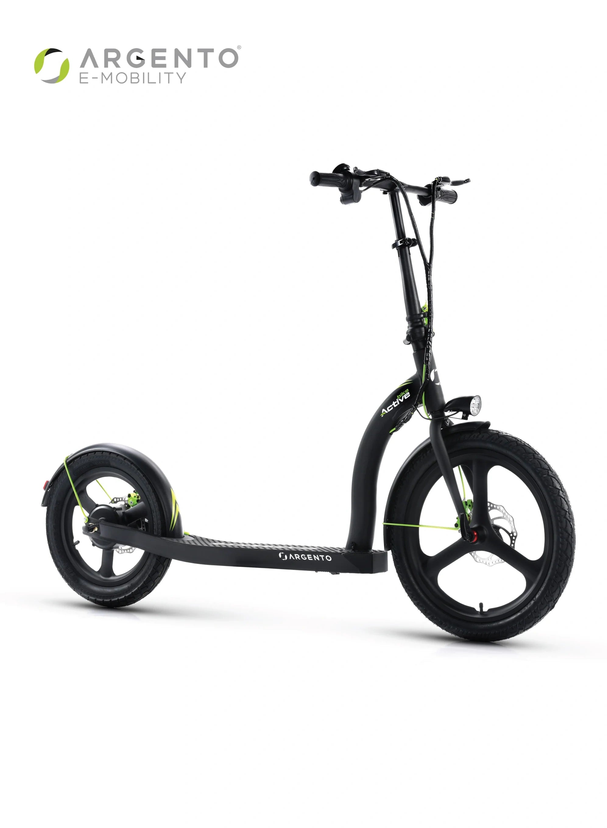 Black scooter with Argento E-Mobility branding on a white background