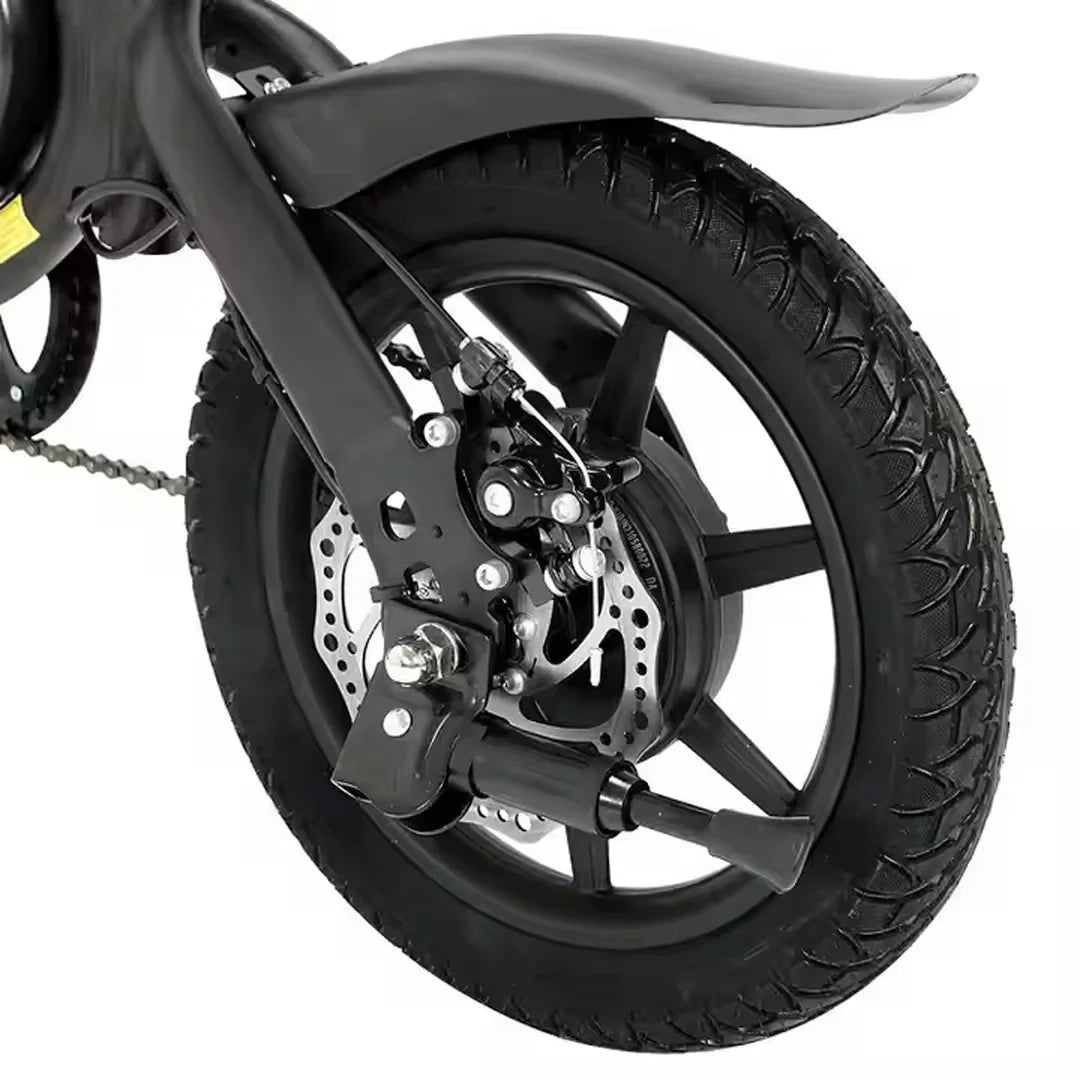 Close-up of a motorcycle wheel with tire and suspension on a white background