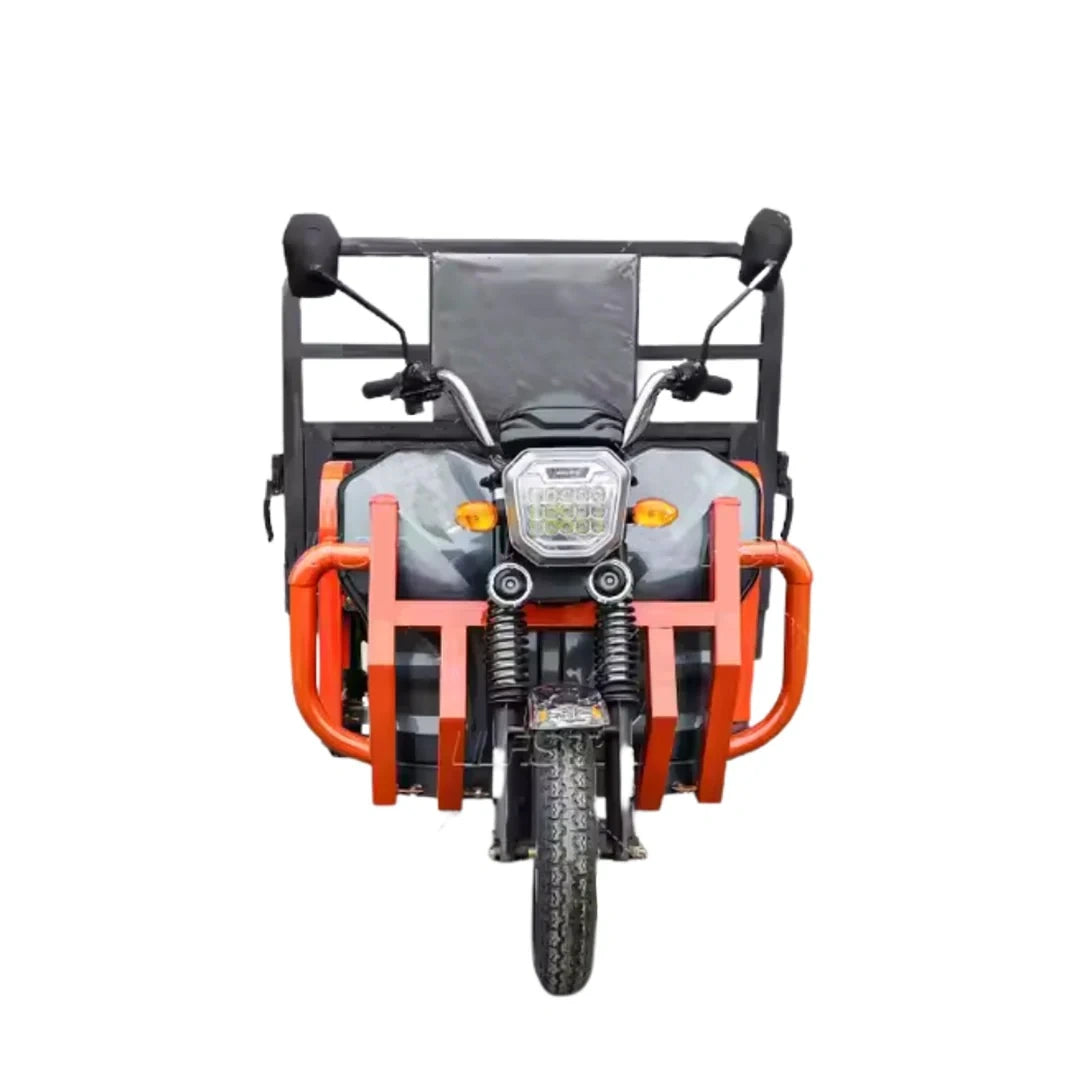 Motorcycle with orange side guards on a white background