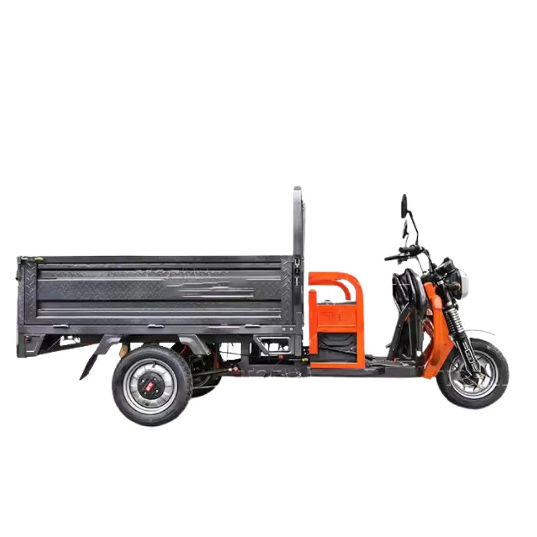 Electric tricycle with a cargo bed on a white background
