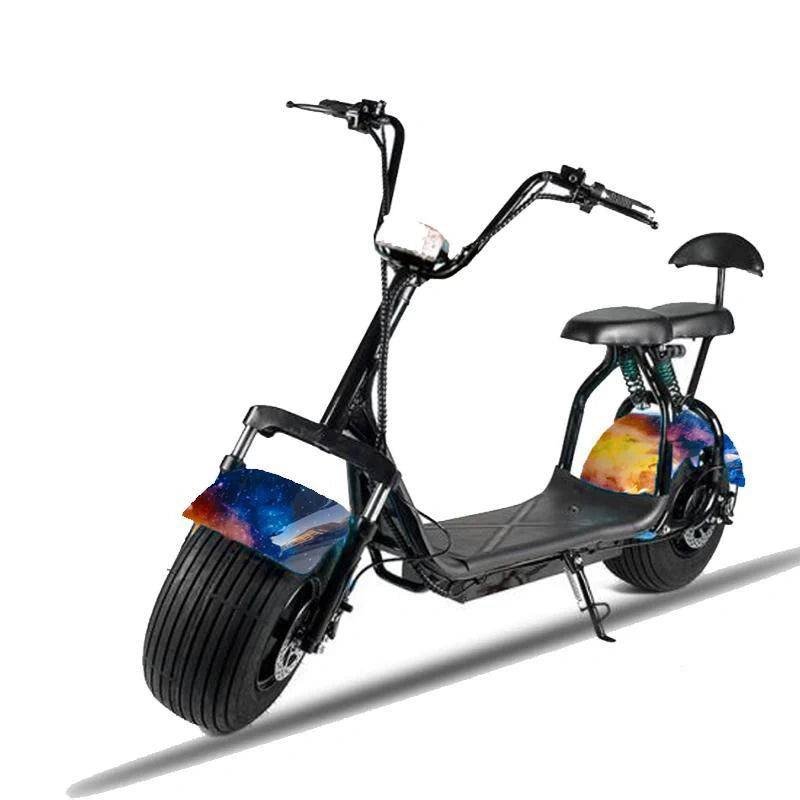 Black electric scooter with colorful wheels on a white background