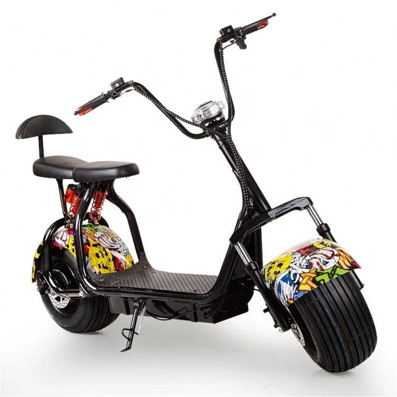 Black electric scooter with colorful wheels on a white background