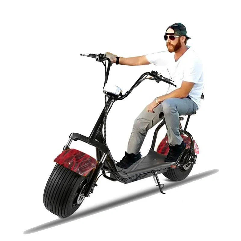 Man riding a black electric scooter with red accents on a white background