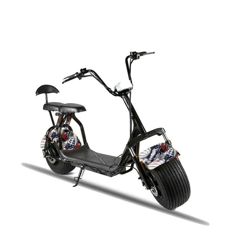 Black electric scooter with large wheels on a white background