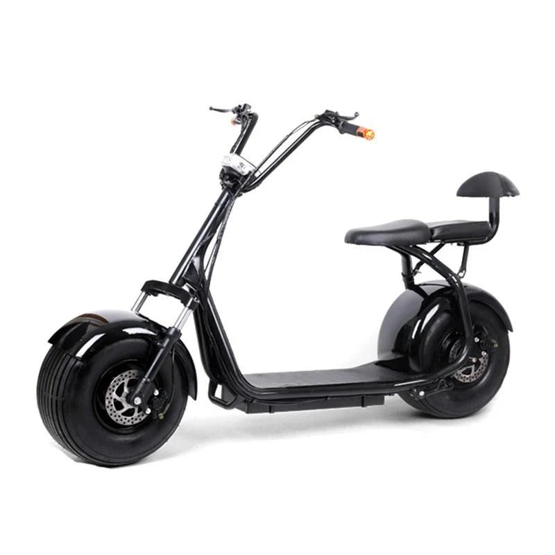 Black electric scooter with large wheels on a white background