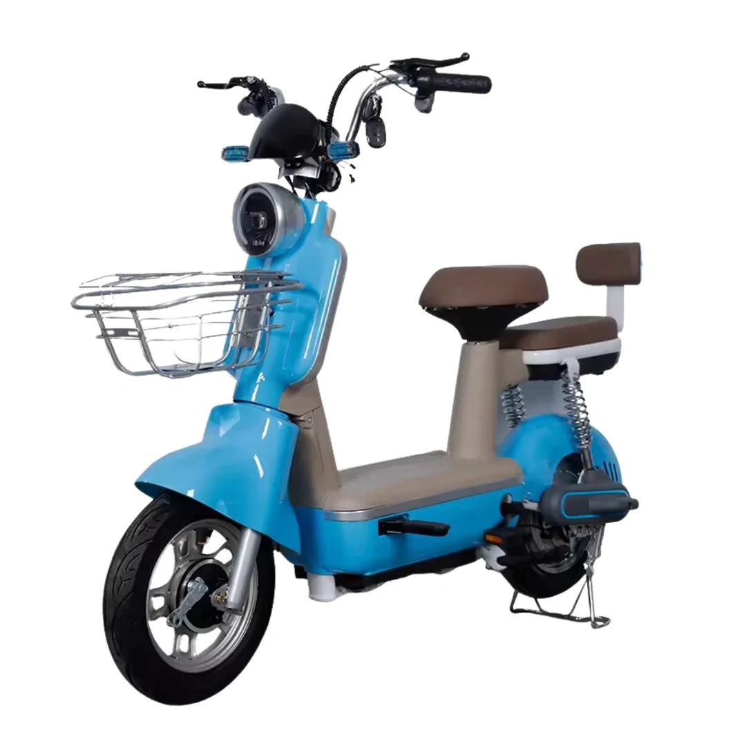 Blue scooter with a brown seat and basket on a white background