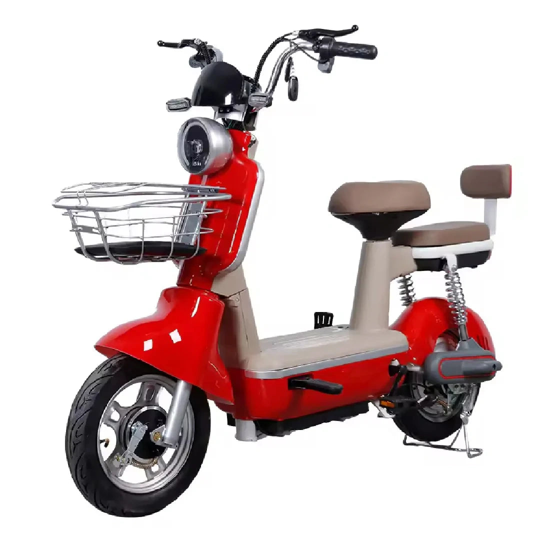 Red electric scooter with a brown seat and basket on a white background