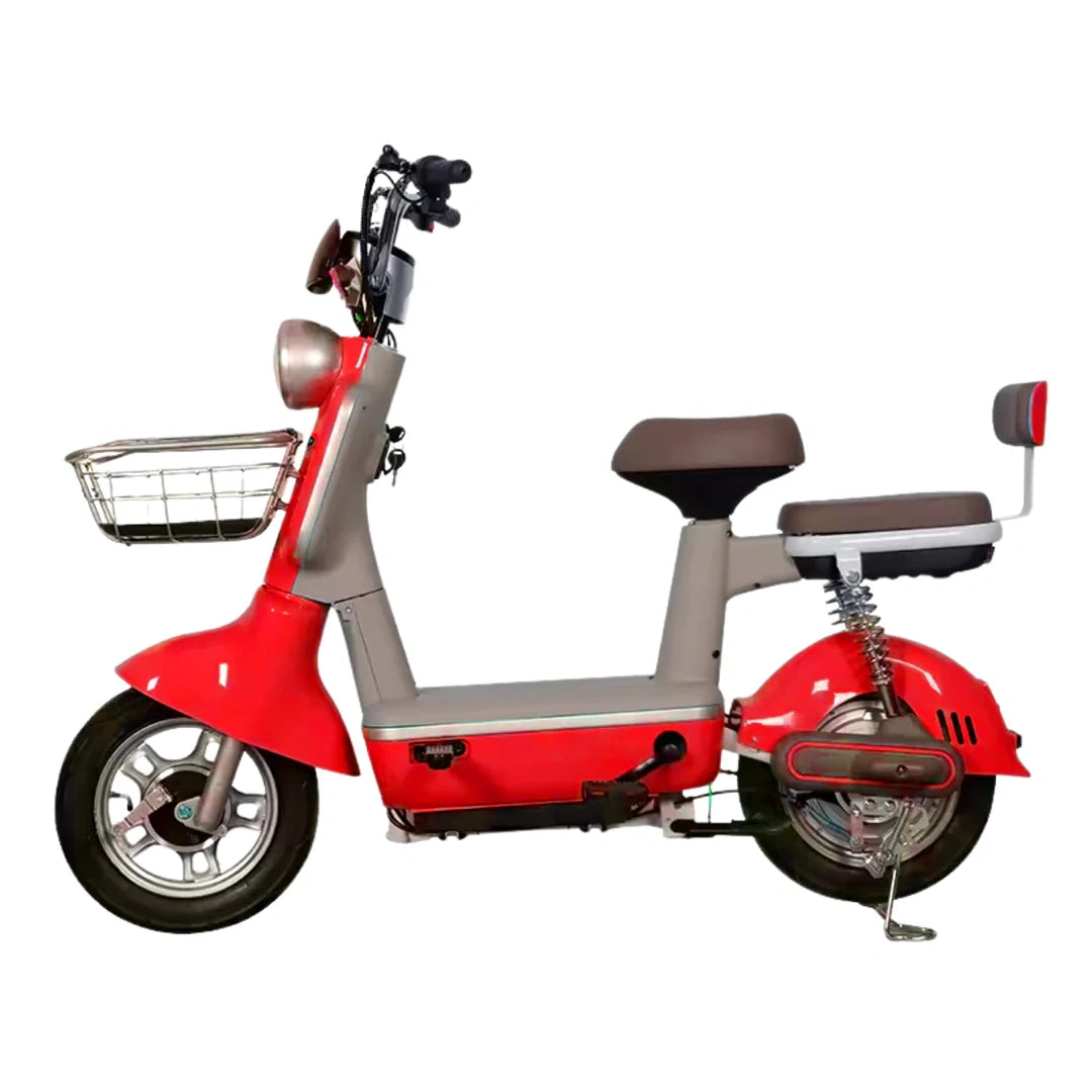Red and gray electric scooter with a basket on a white background