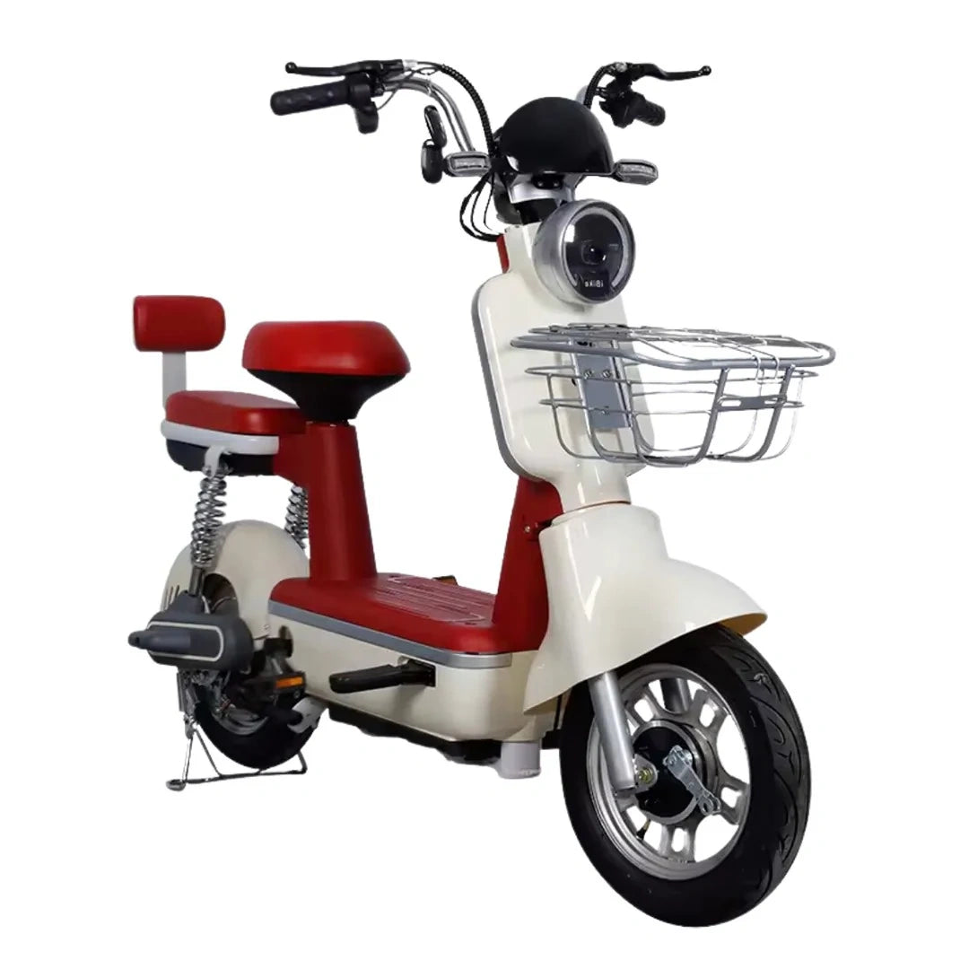 White and red scooter with a basket on a white background