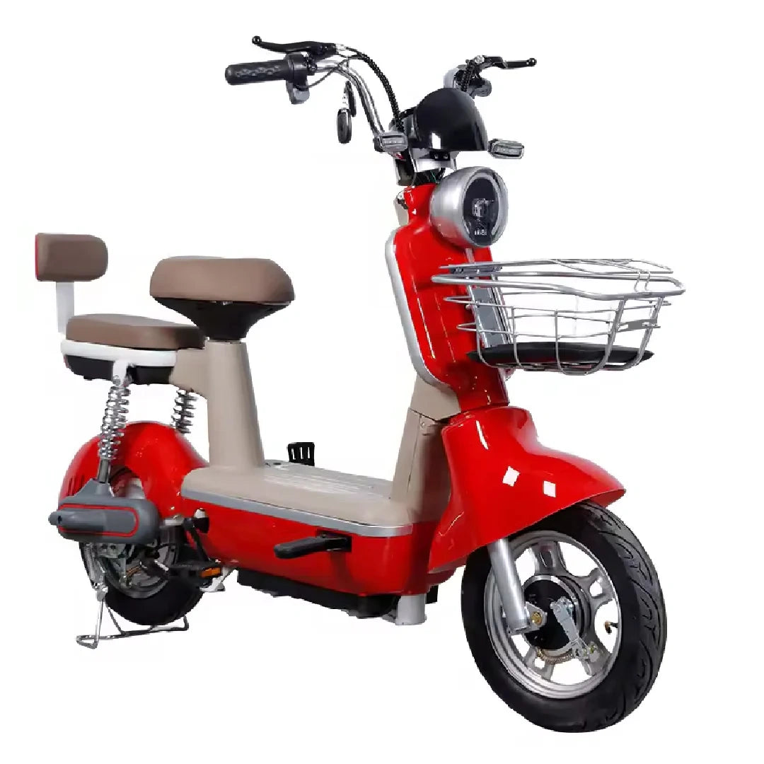 Red electric scooter with a brown seat on a white background