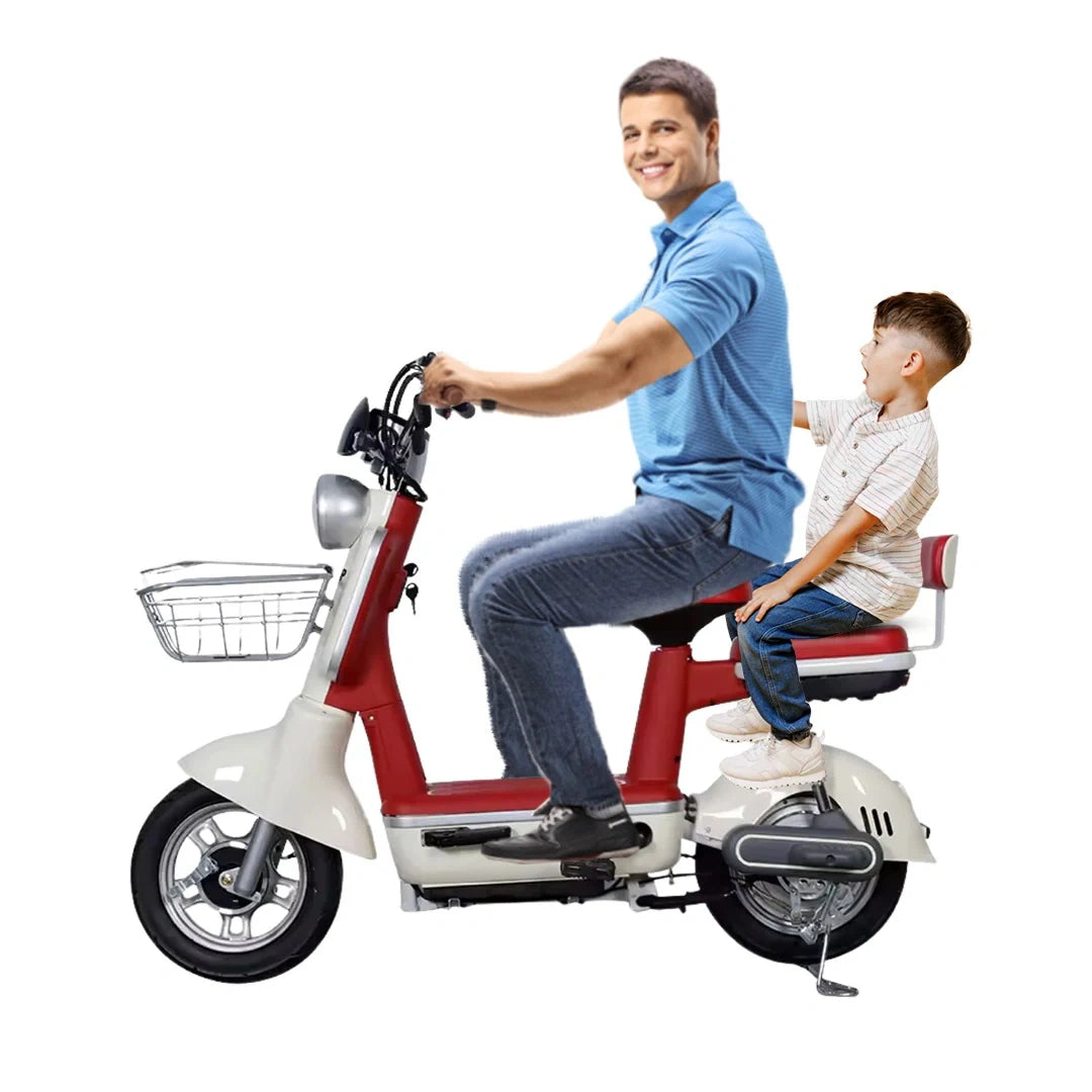 Man and child riding a red and white electric scooter on a white background