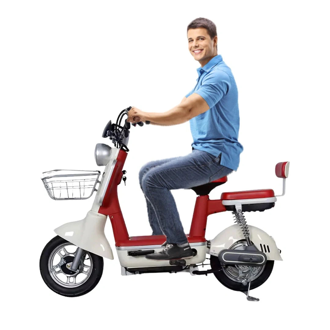 Man sitting on a red and white electric scooter with a white background
