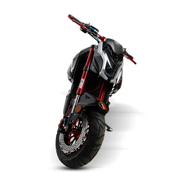 Motorcycle with black and red design on a white background