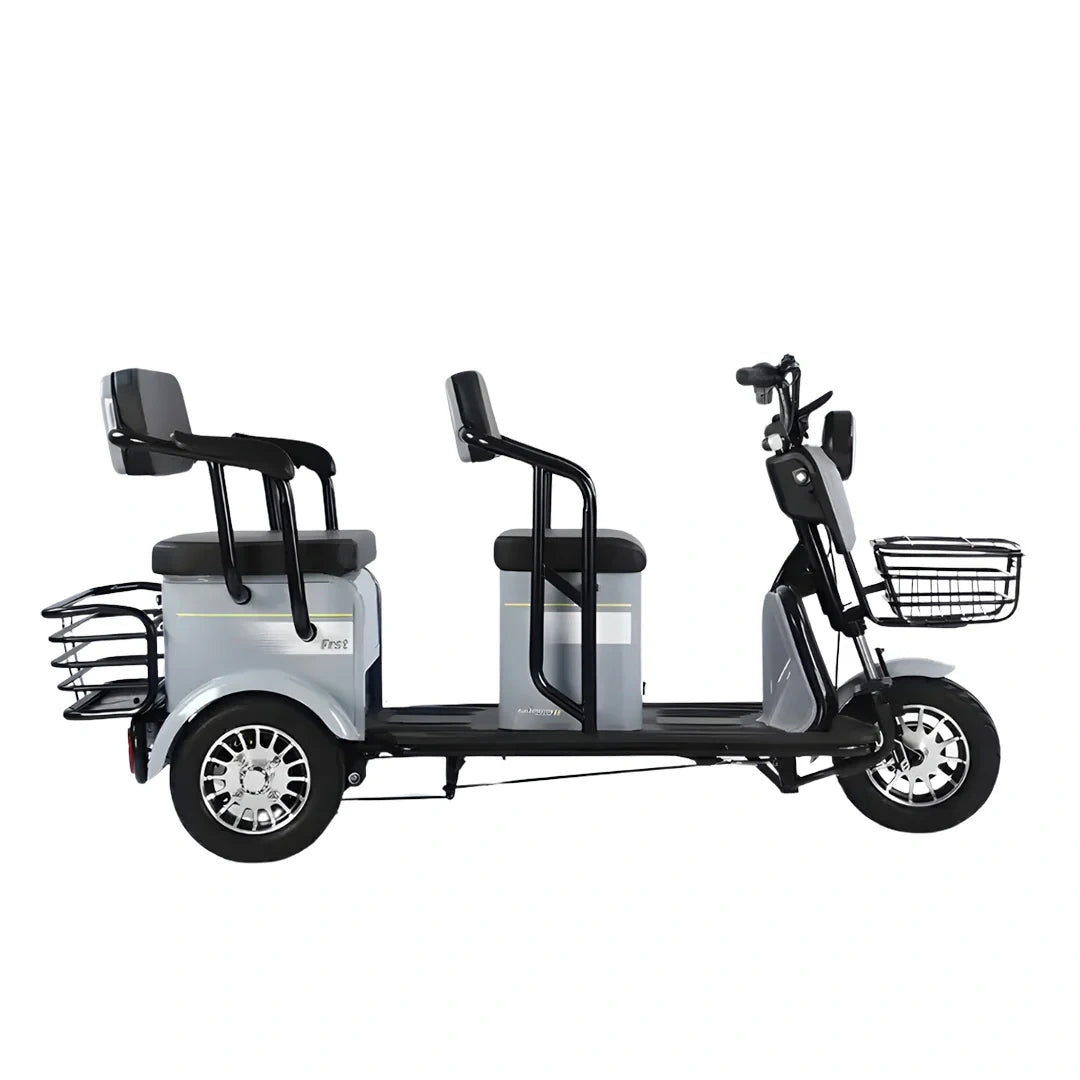Electric tricycle with two seats and baskets on a white background