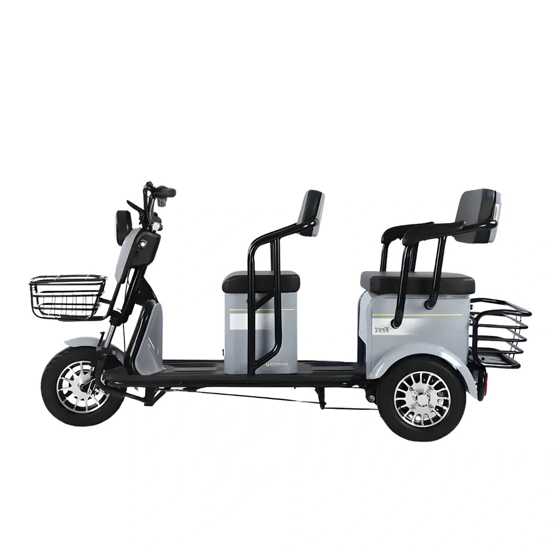Electric tricycle with two seats and a basket on a white background