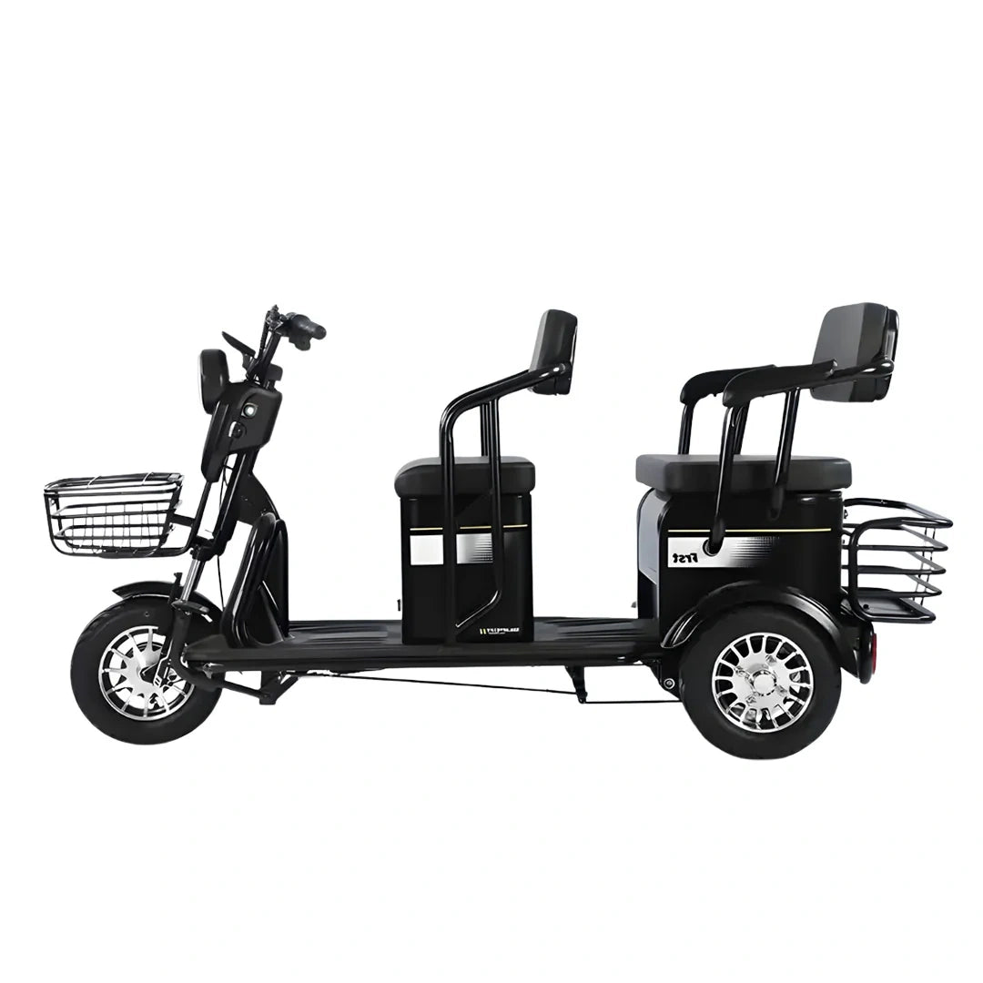 Black electric rickshaw with two seats and a basket on a white background
