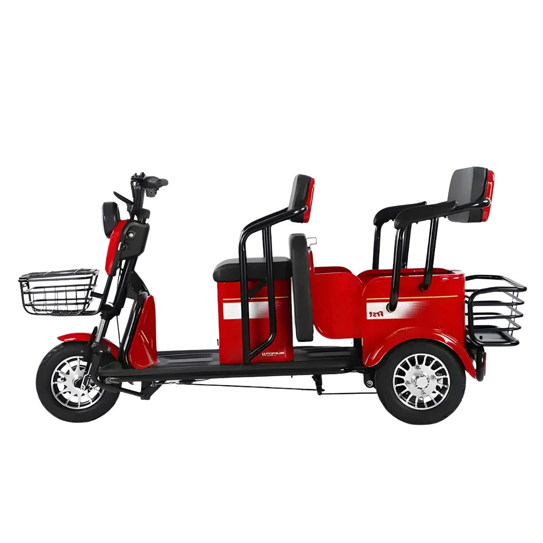 Red electric tricycle with a basket on a white background
