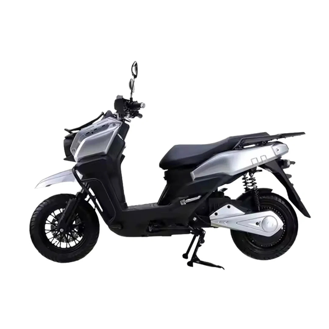 Black and silver scooter on a white background