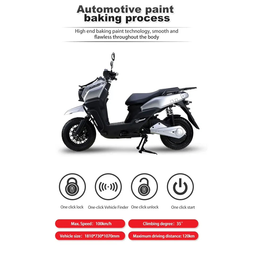 Motor scooter with specifications on a white background