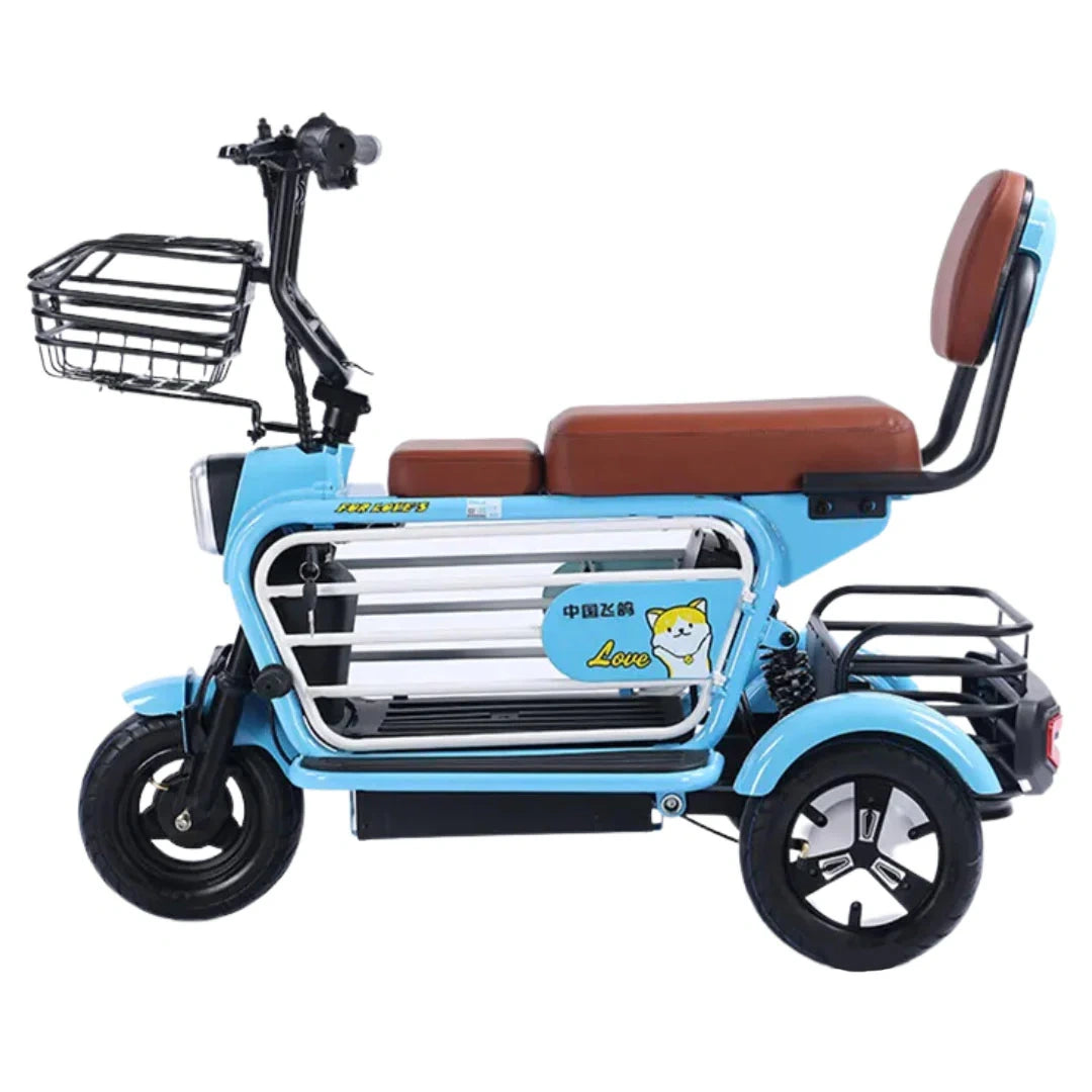 Blue electric tricycle with brown seat and front basket on a white background