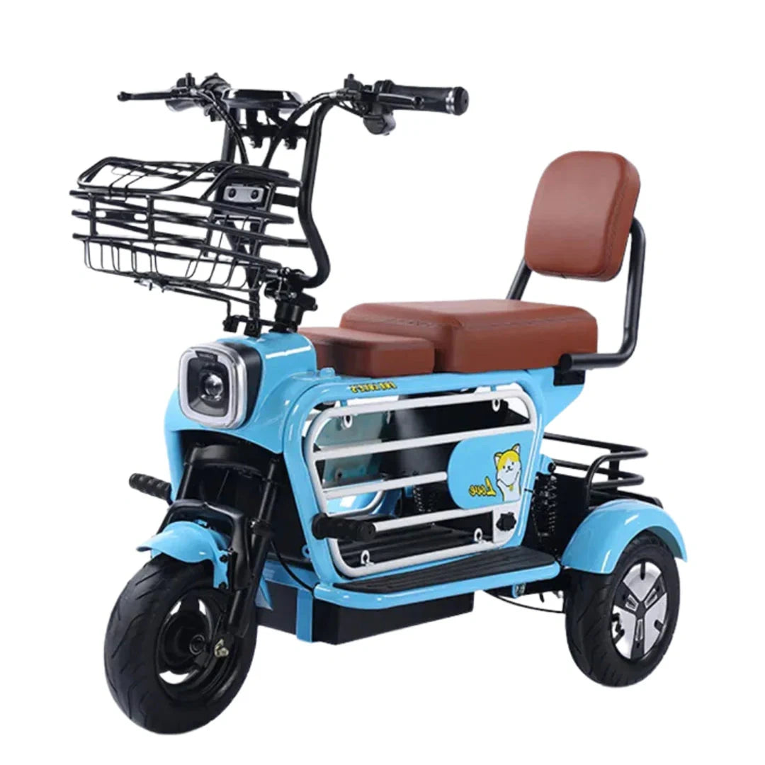 Blue tricycle with brown seat and basket on a white background