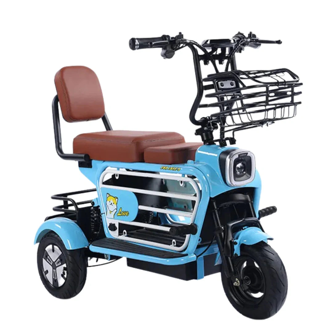 Blue electric tricycle with brown seat and basket on a white background