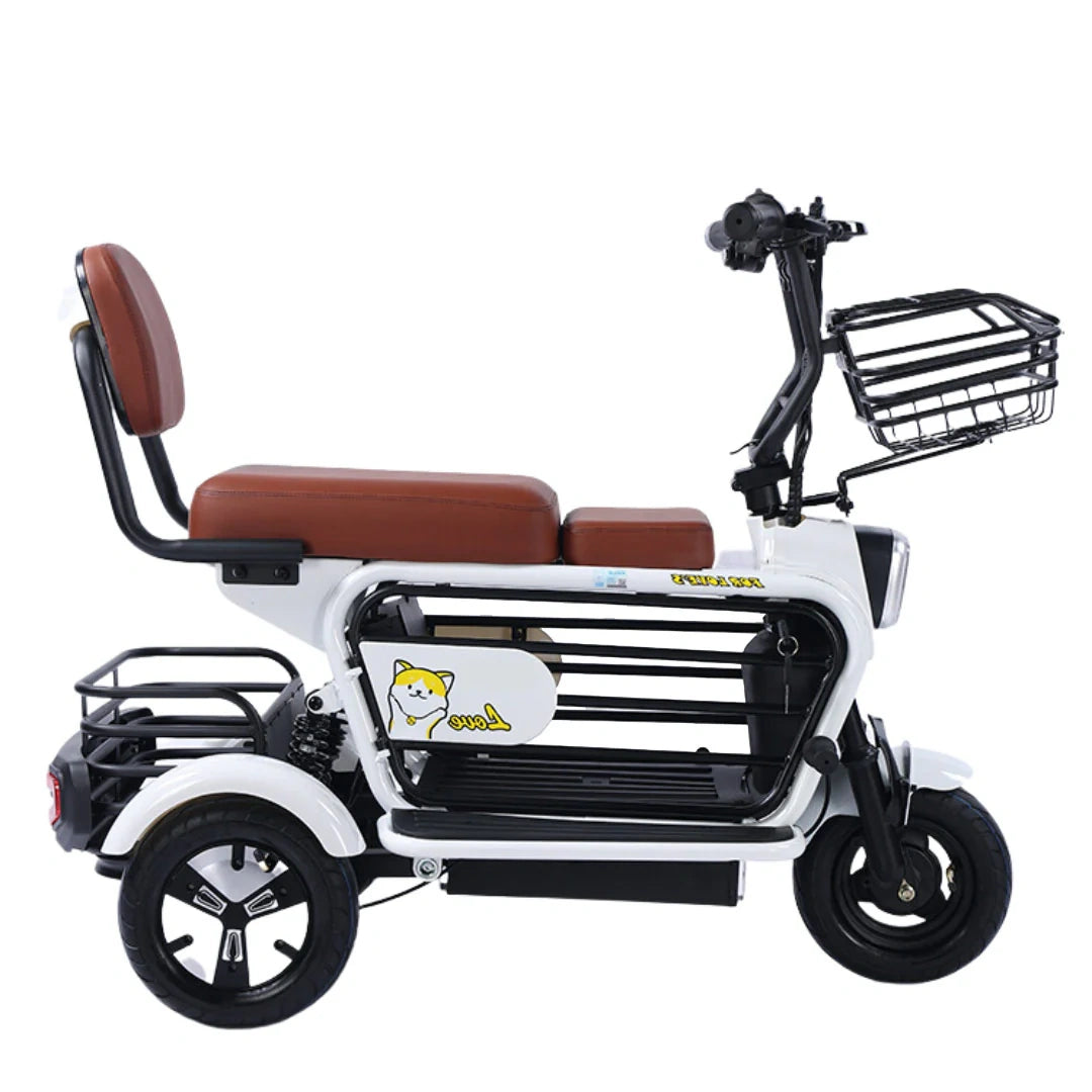 White electric tricycle with brown seat and front basket on a white background