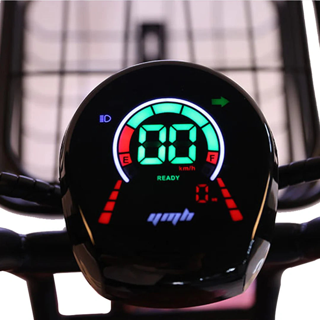 Digital display on a scooter with speed and other indicators.