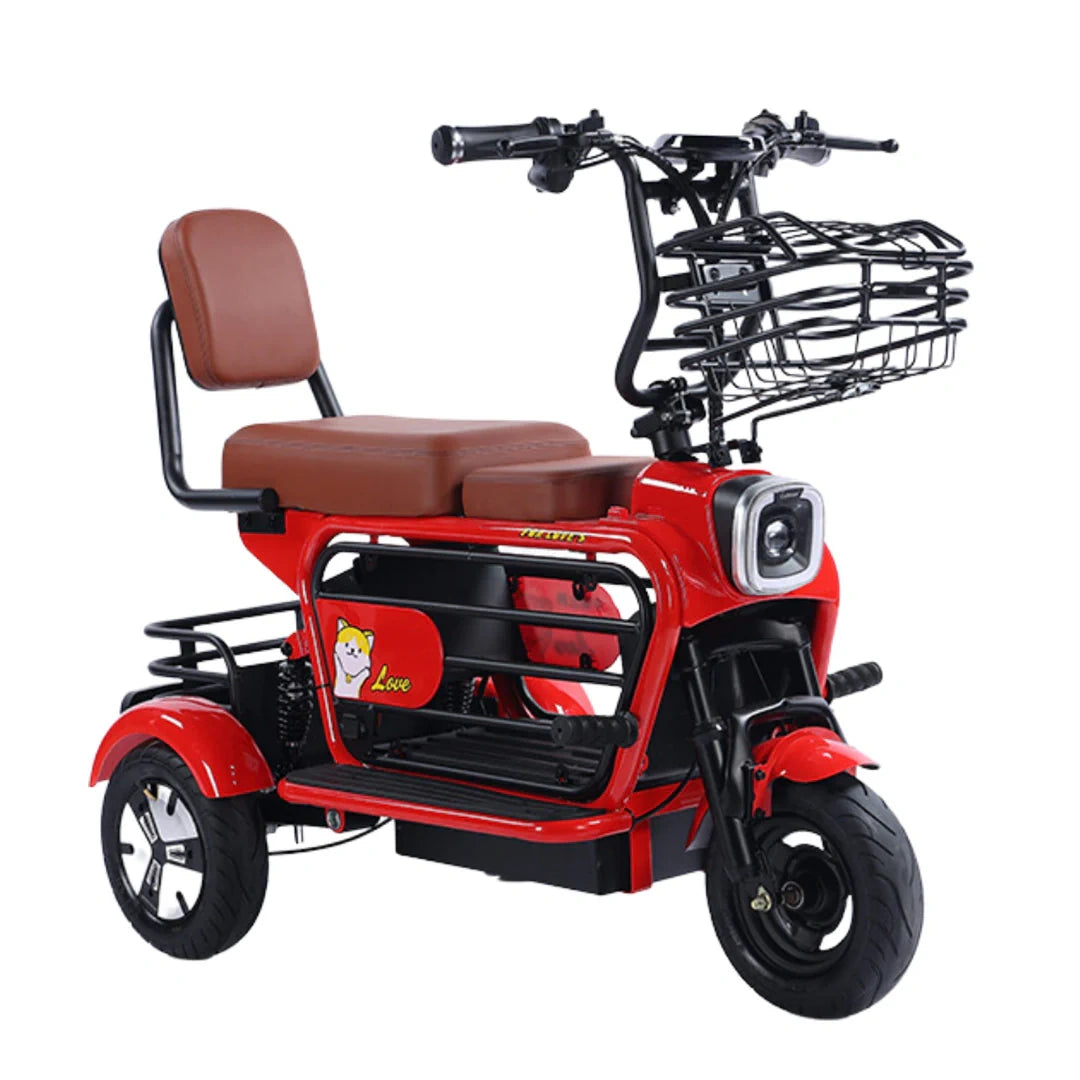 Red electric tricycle with a brown seat and basket on a white background
