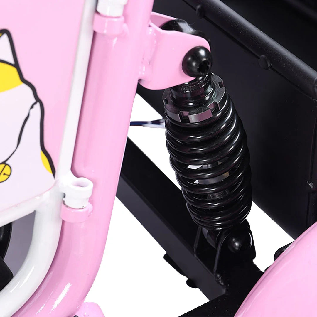 Close-up of a pink children's bicycle with cartoon character design and suspension fork.