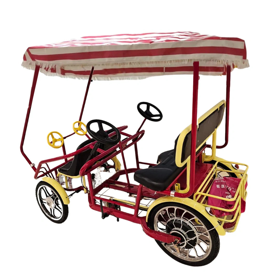 Red and yellow pedal car with striped canopy on a white background