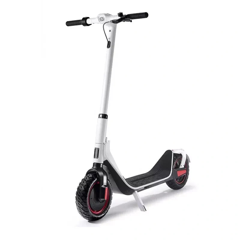 White electric scooter with black wheels on a white background