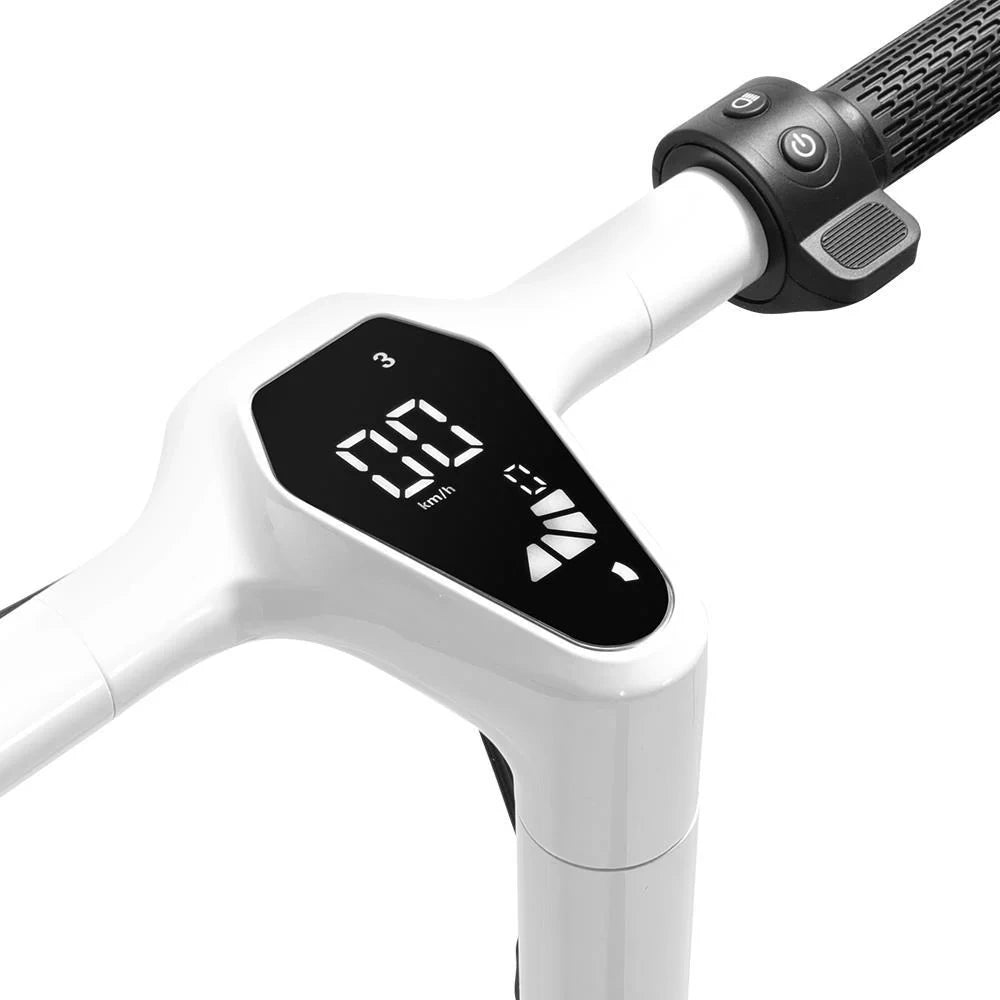 Close-up of a white scooter handlebar with a digital display on a white background